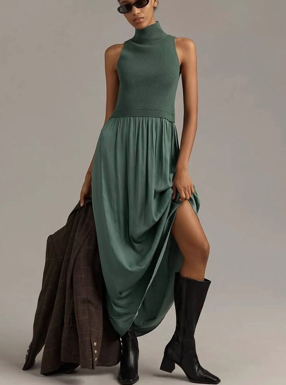 Anthropologie Green Mock Neck Ribbed Pleated Maxi Dress XS Petite